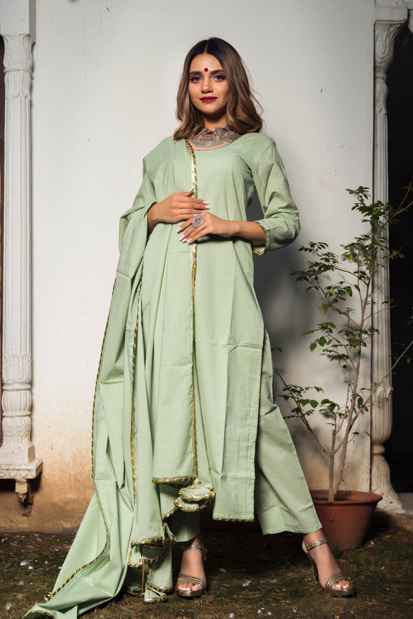 Women's olive green cotton straight kurta set - Pomcha Jaipur