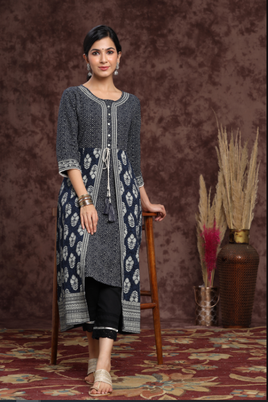 Women's Indigo Rayon Printed Layered Kurta - Juniper