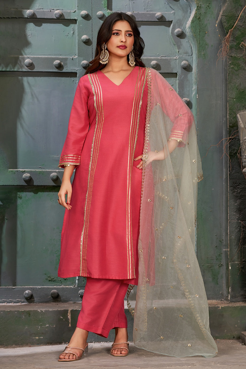 Women's Pink Embroidered Art Silk Rouge Kurta Set With Trouser And Dupatta - Curvy Lane