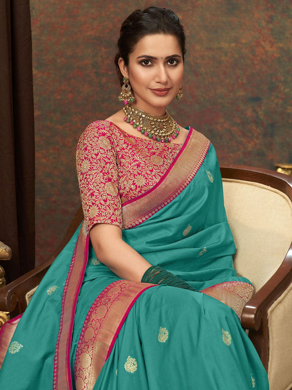 Women's Cyan Designer Banarasi Silk Saree - Odette