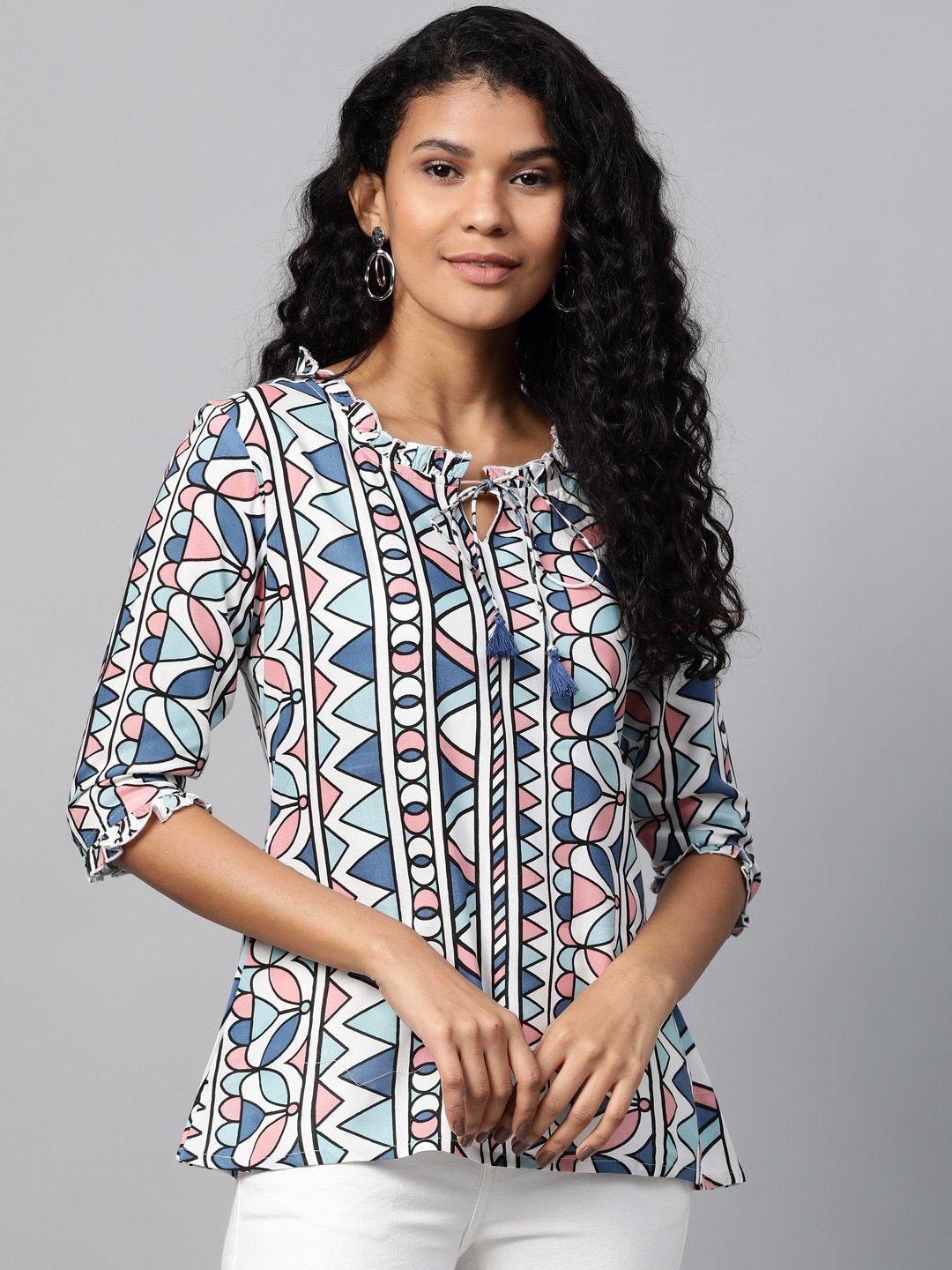 Women's White & Blue Printed Tunic - Yufta