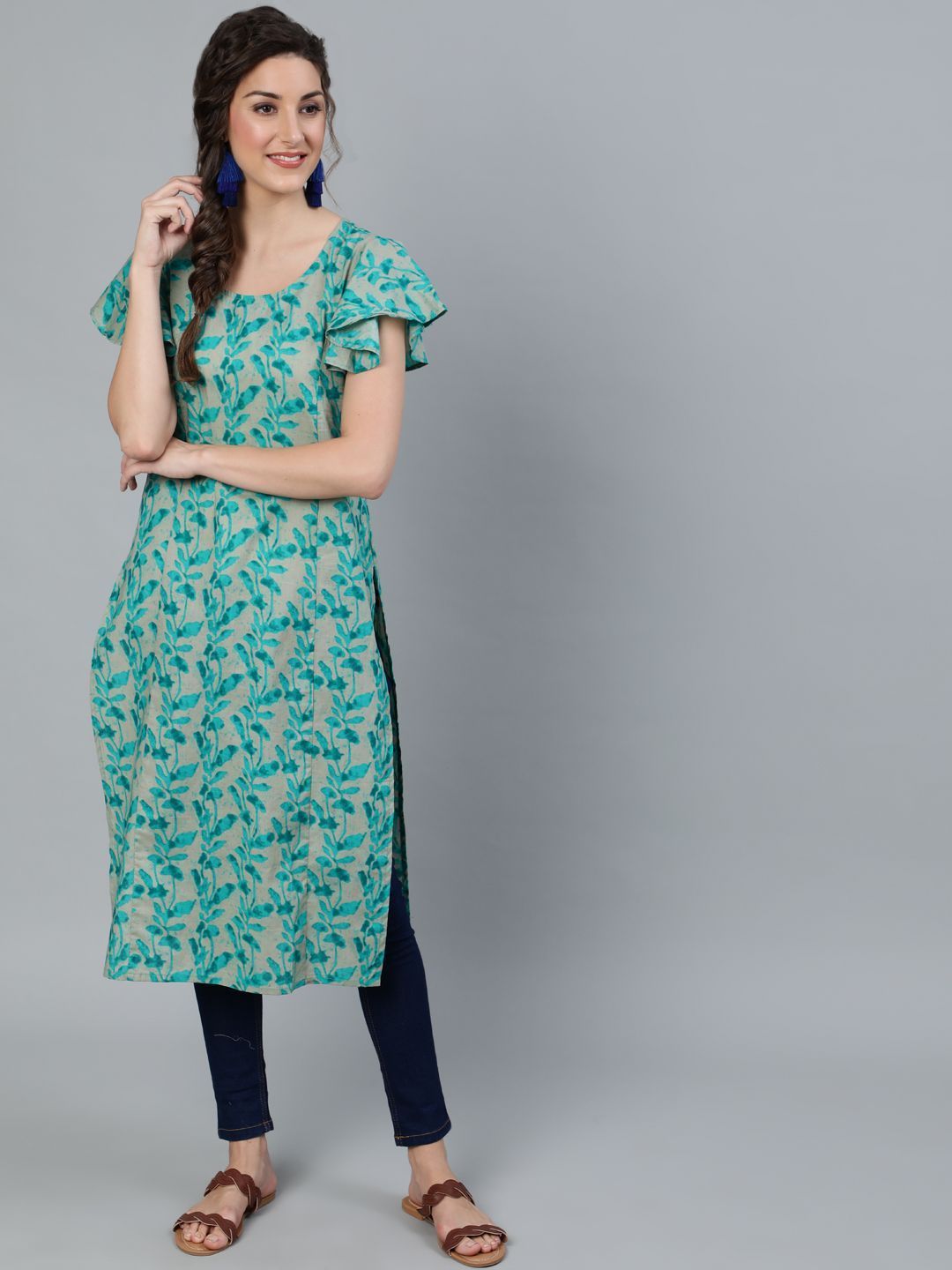 Women's Blue Printed Straight Kurta With Flare Sleeve - AKS