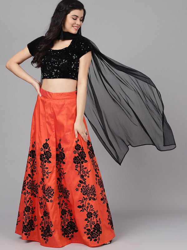 Women's Orange Lehenga Choli With Dupatta - Aks