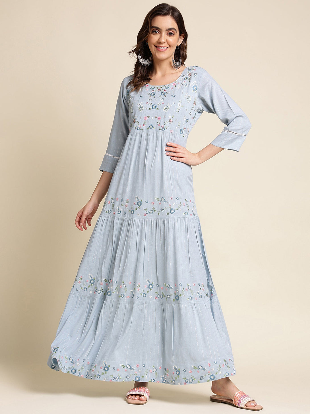 Women's Sky Blue Chinon Floral Embroidered Dress - Navyaa