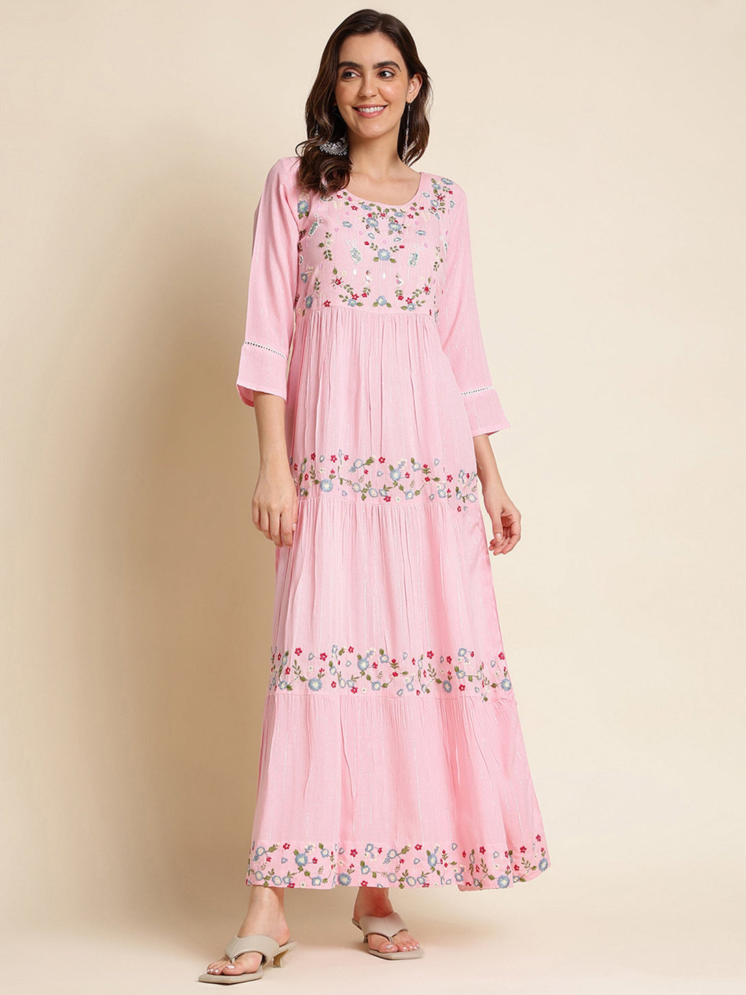 Women's Pink Chinon Floral Embroidered Dress - Navyaa