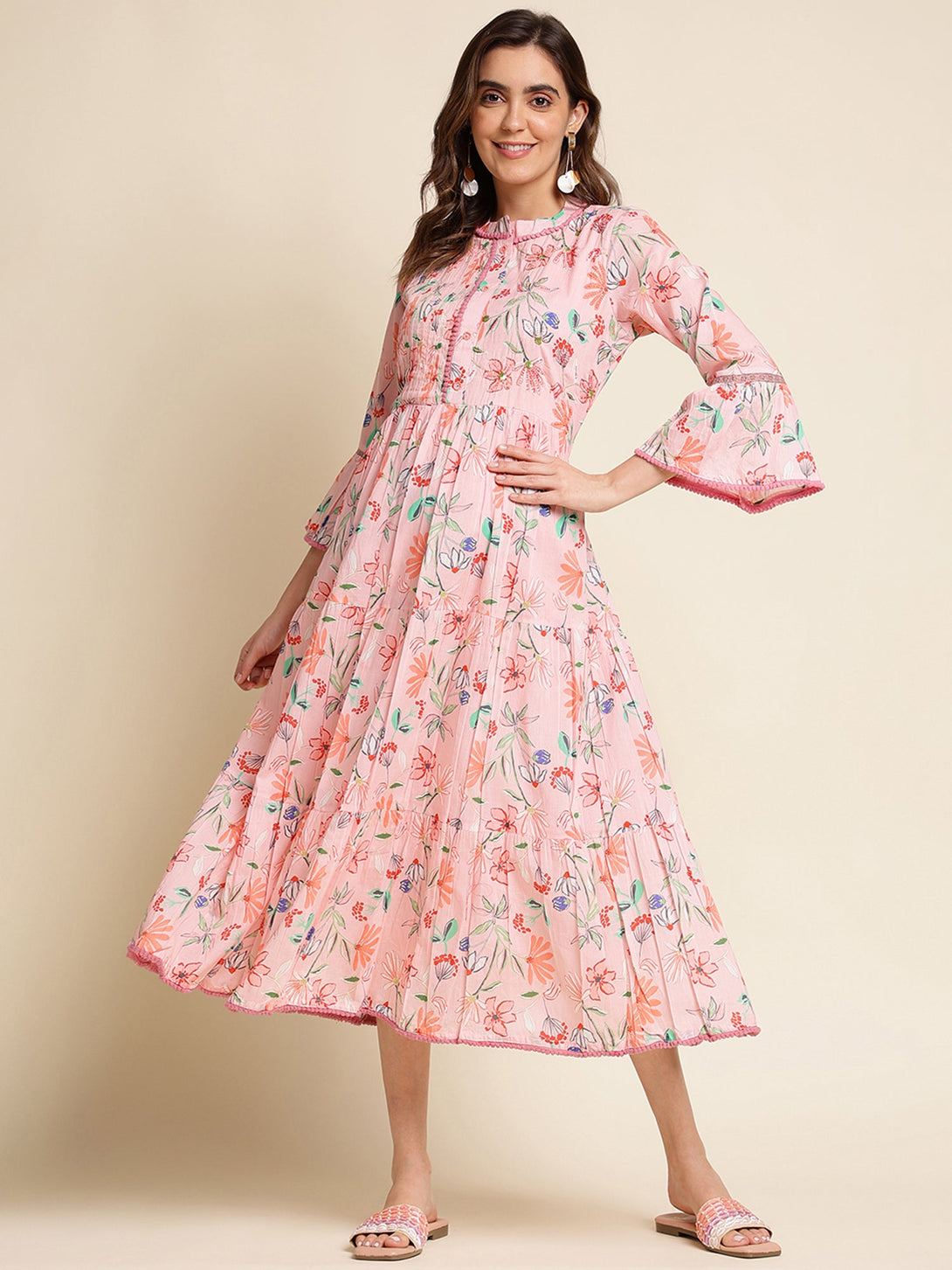 Women's Pink Cotton Floral Printed Dress - Navyaa