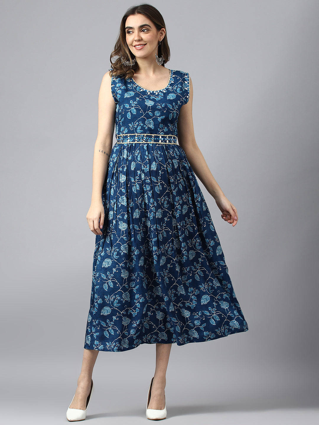 Women's Blue Muslin Floral Printed Dress - Navyaa