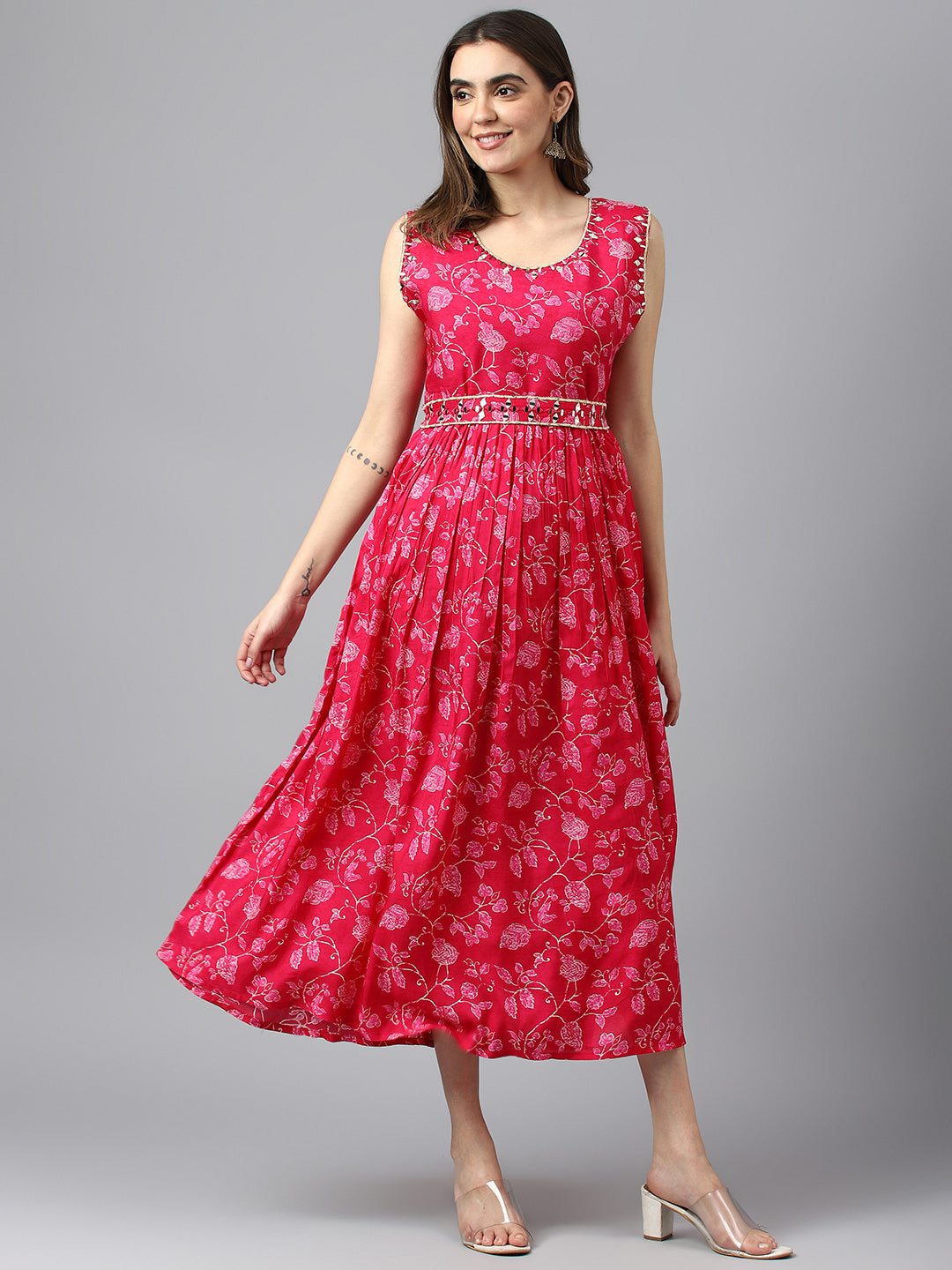 Women's Pink Muslin Floral Printed Dress - Navyaa