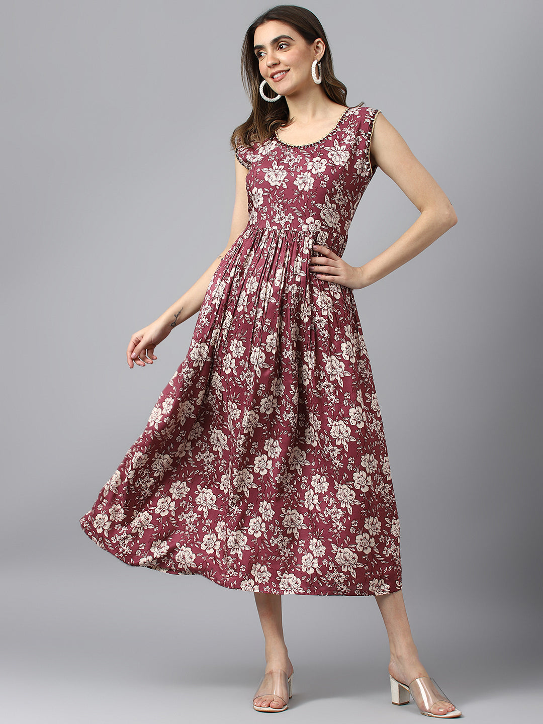 Women's Wine Muslin Floral Printed Dress - Navyaa