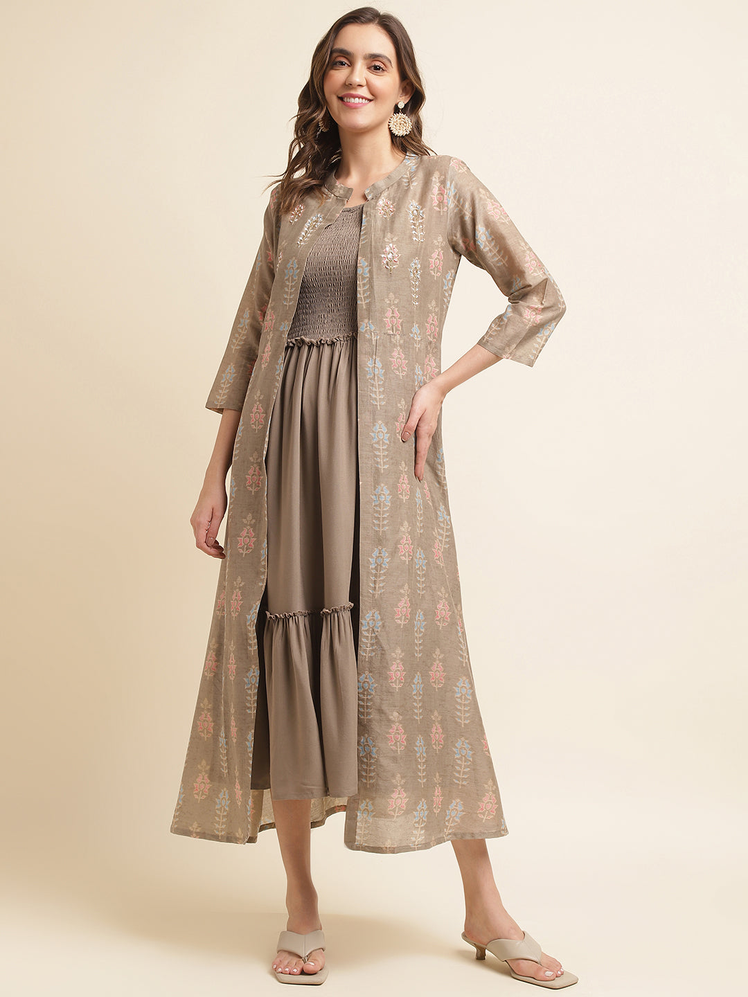 Women's Brown Rayon Solid Dress With Printed Shrug - Navyaa