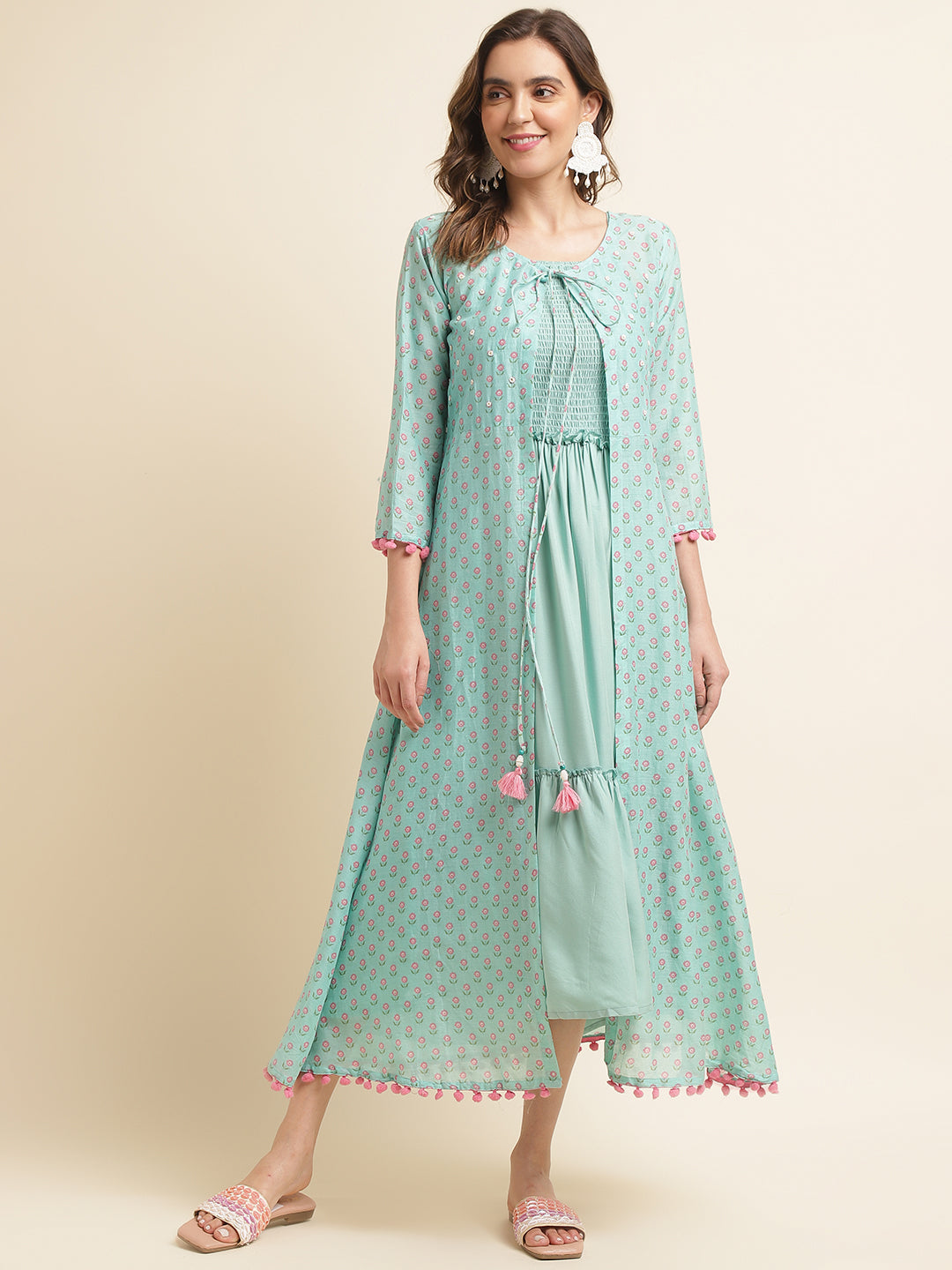 Women's Sea Green Rayon Solid Dress With Printed Shrug - Navyaa