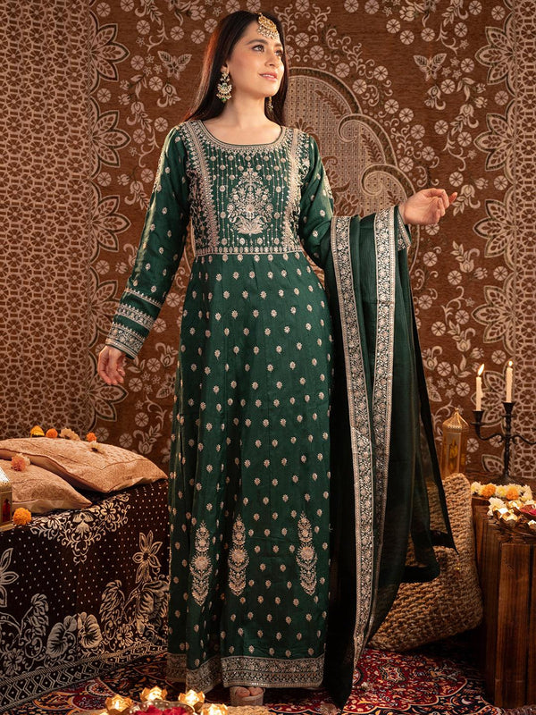 Jashvi Art Bottle Green Embroidered Silk A-Line Kurta With Trousers & Dupatta