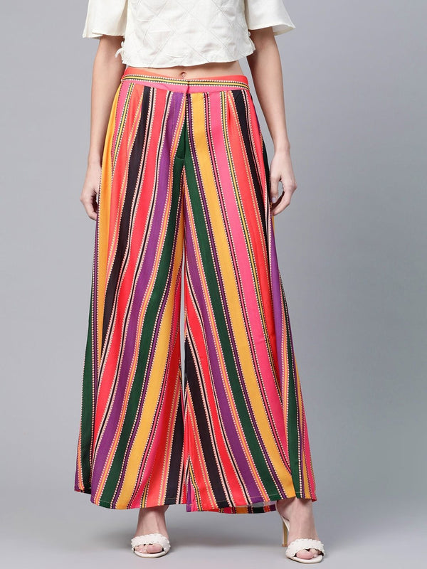 Women's  Multicoloured Striped Flared Palazzos - AKS