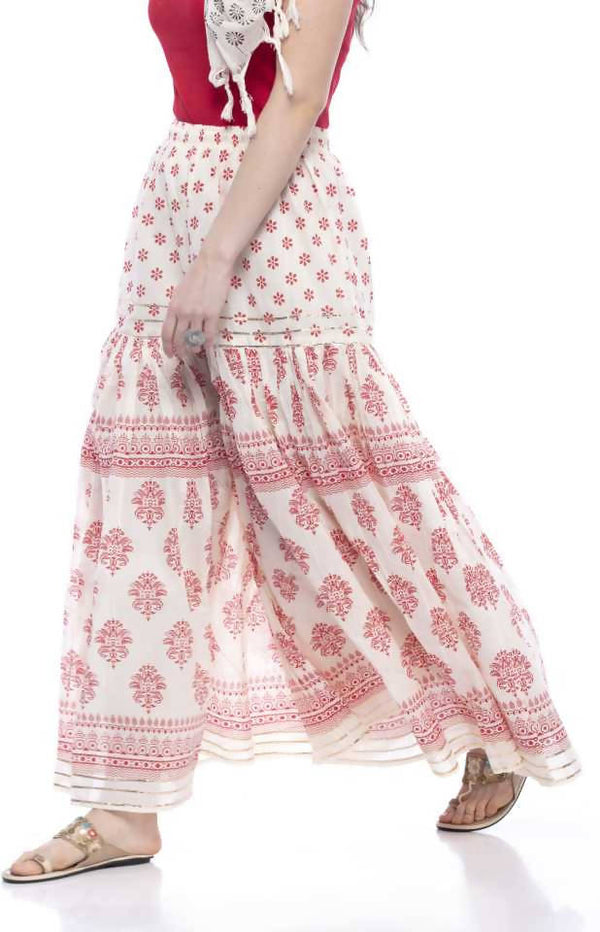 Women's Cotton Block Print With Lace Work Off White Palazzo Mfp014 - Moeza