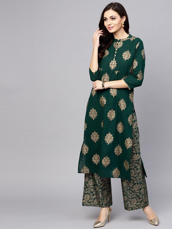 Women's  Green & Golden Printed Kurta with Palazzos - AKS