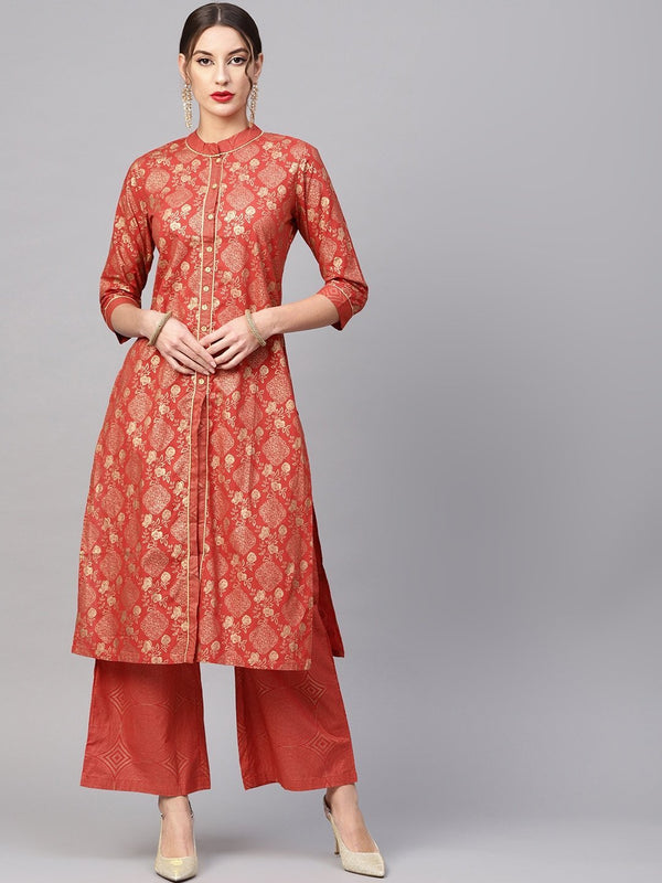 Women's  Rust Orange & Golden Printed Kurta with Palazzos - AKS