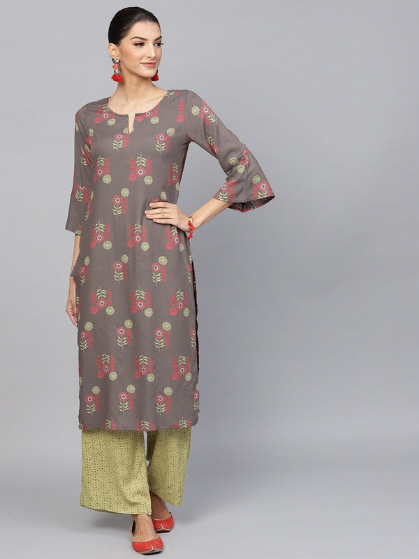 Women's  Taupe & Green Printed Kurta with Palazzos - AKS