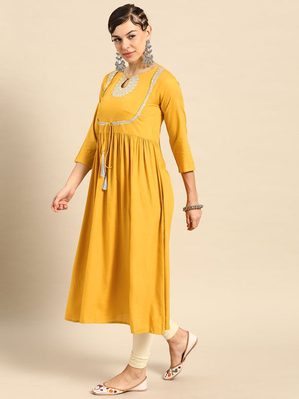 Women's Mustard Yellow Yoke Design Pure Cotton Gathered Keyhole Neck Kurta - Varanga