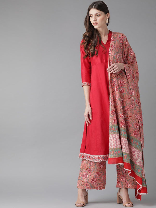 Women's  Red & Pink Solid Kurta with Palazzos & Dupatta - AKS