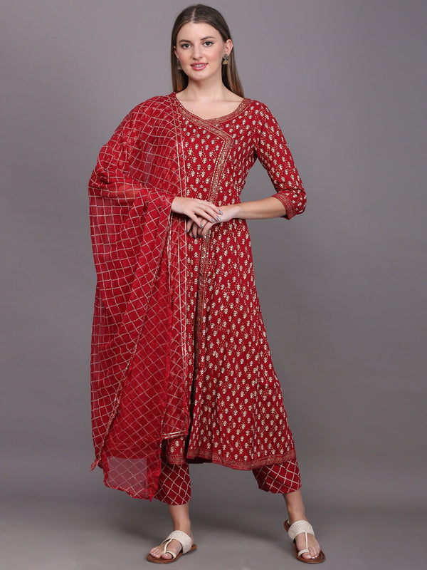 Women's Ethnic Motifs Printed Angrakha Sequinned Kurta With Palazzos & With Dupatta - Noz2Toz