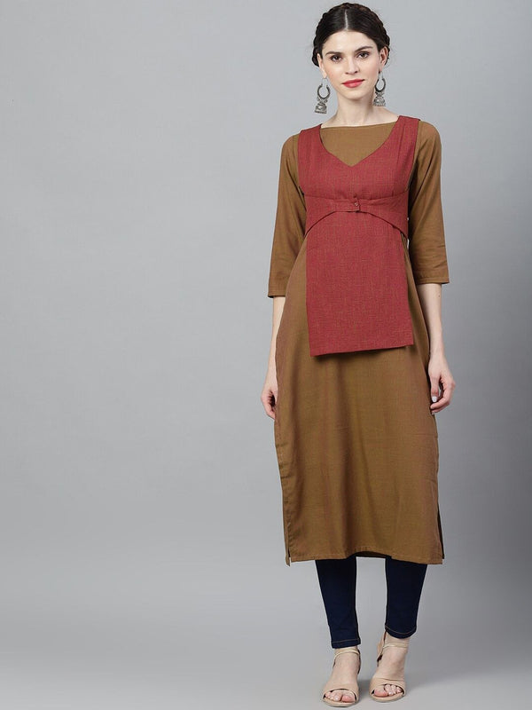 Women's  Olive Green & Maroon Solid A-Line Kurta - AKS