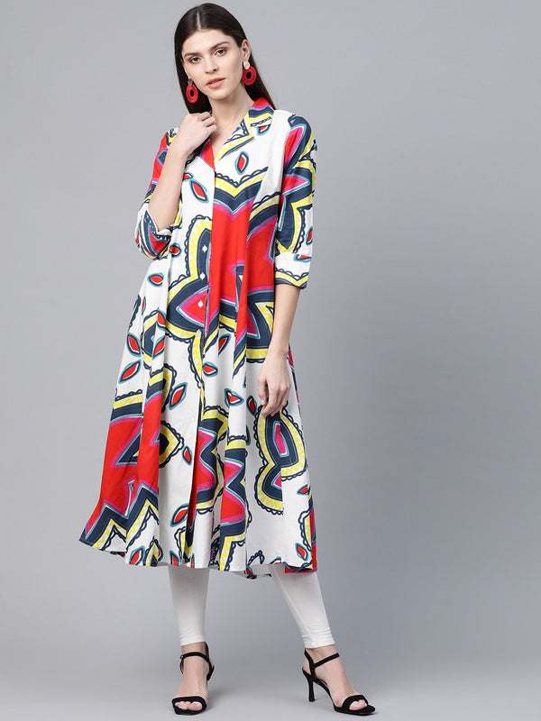 Women's  White & Red Printed A-Line Kurta - AKS