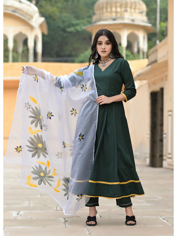 Women's Cadmium Green Anarkali With Handpainted Dupatta - Hatheli