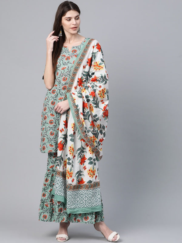 Women's  Green & Orange Printed Kurta with Sharara & Dupatta - AKS