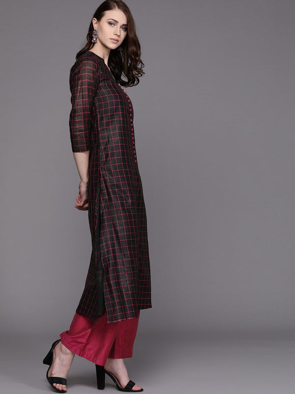 Women's  Black & Pink Checked Kurta with Palazzos - AKS