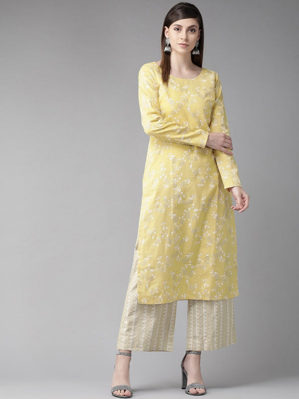 Women's  Yellow & White Floral Print Straight Kurta - AKS