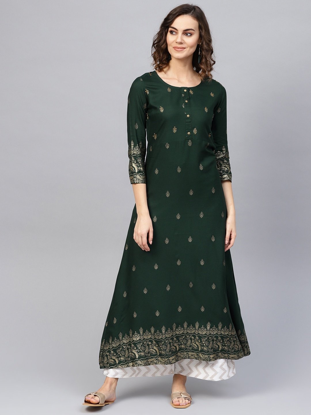 Women's Green & Golden A-Line Kurta - Yufta