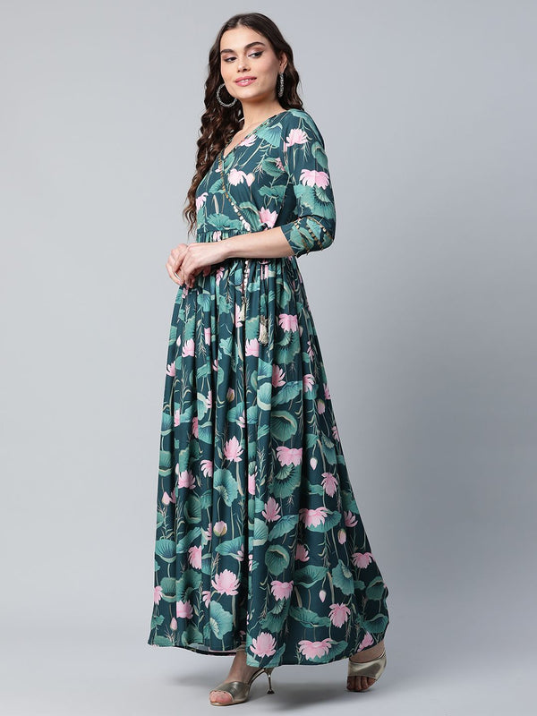 Dark Green Digital Print Flared Dress