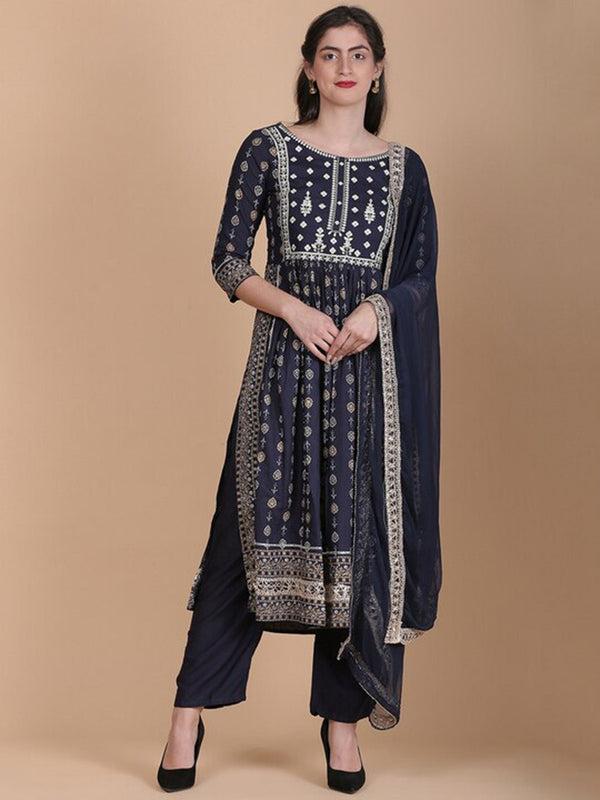 Women's Floral Printed Thread Work Kurta With Trousers & Dupatta - Noz2Toz