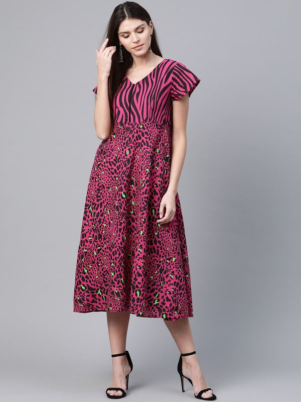 Women's  Pink & Black Animal Printed A-Line Dress - AKS