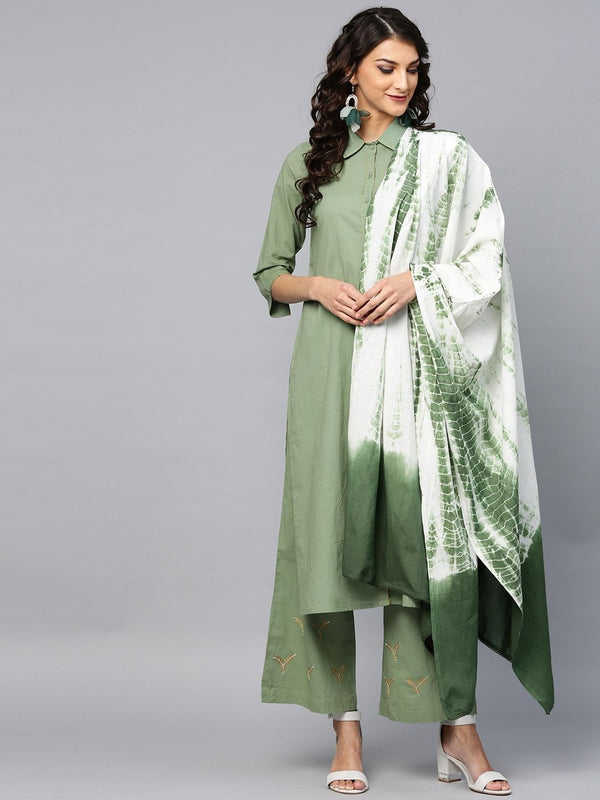 Women's  Green Solid Kurta with Palazzos & Dupatta - AKS