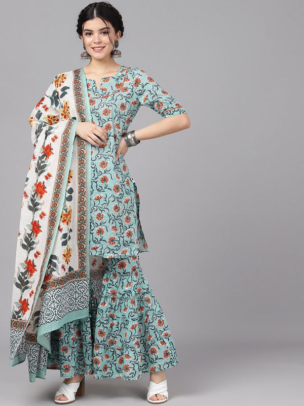 Women's  Teal Blue & Brown Printed Kurta with Sharara & Dupatta - AKS