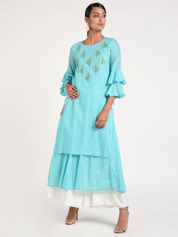 Women's Turquoise Cotton Anarkali Double Layered Kurta With Contrast Embroidery And Side Dori Tasal - Cheera