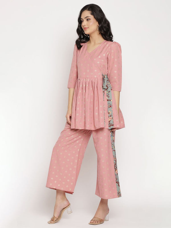 Pink Printed Angrakha Kurti with Palazzos