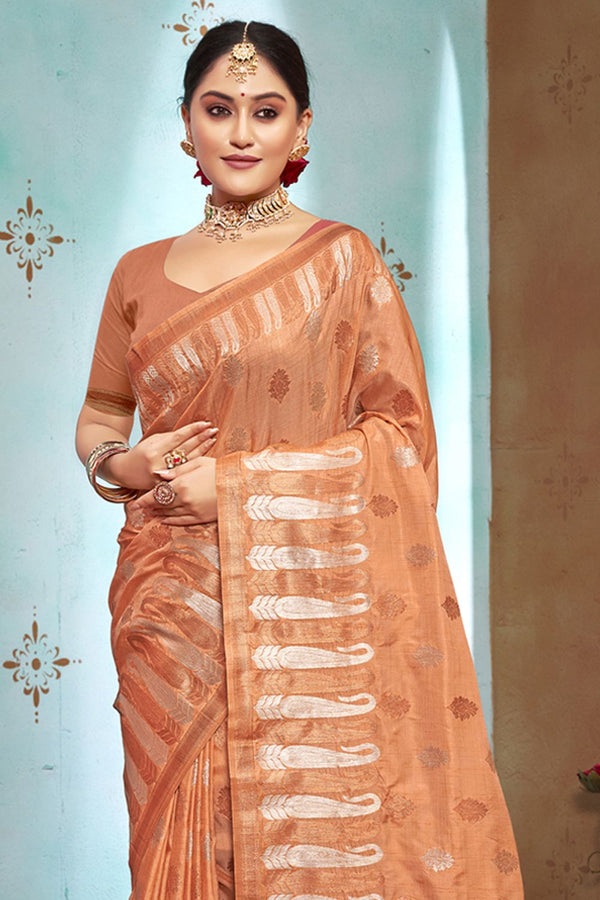 Women's Peach Silk Woven Zari Work Traditional Tassle Saree - Sangam Prints