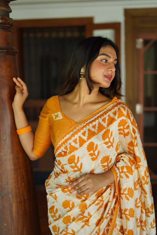 Women's Yellow Pure Chanderi Printed Saree - A2M