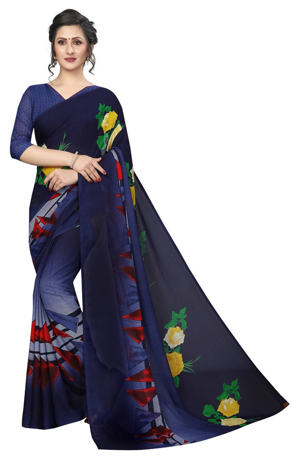 Women's Vamika Navy Georgette Printed Contemporary Saree Skoda Navy - Vamika