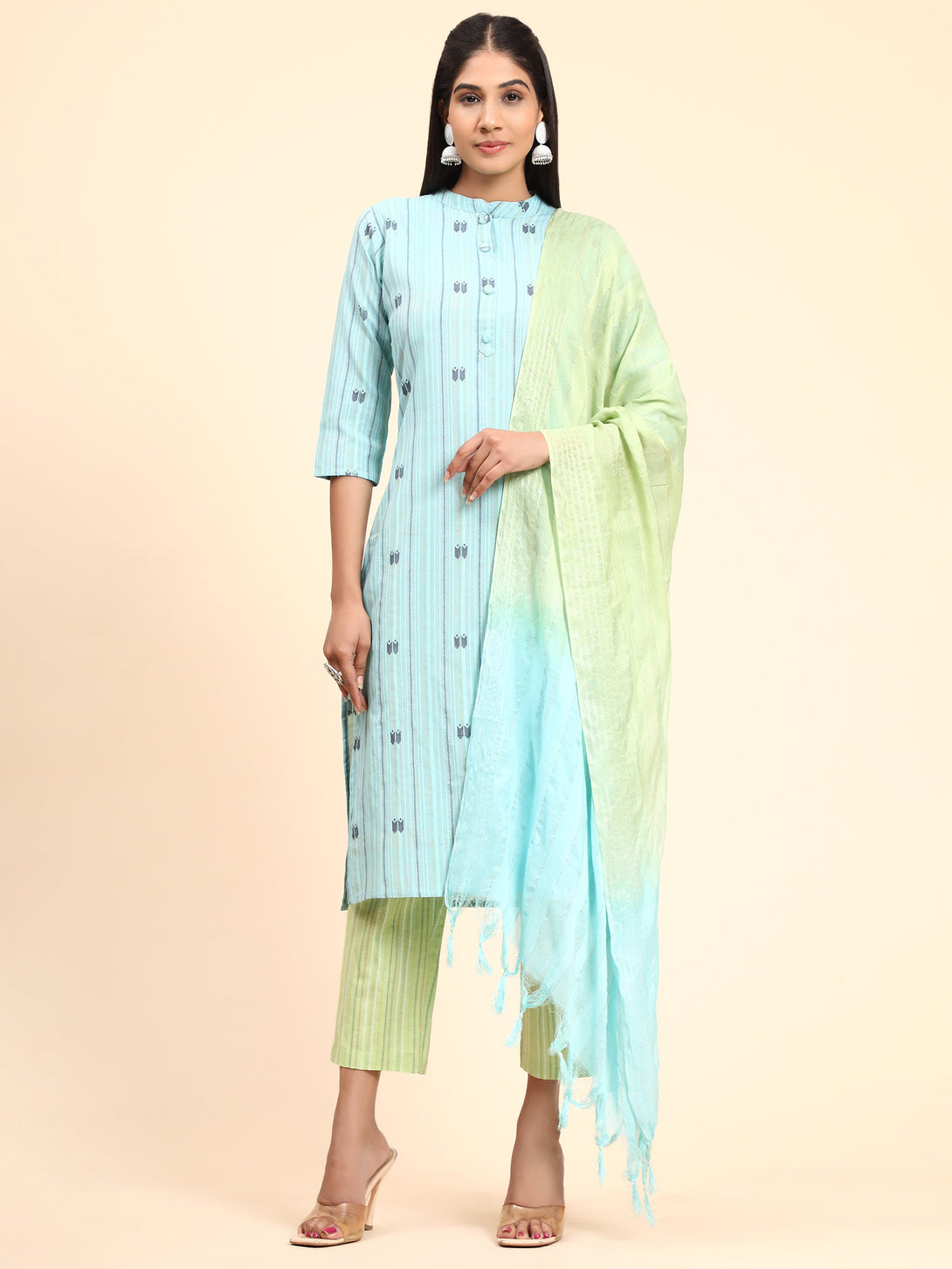 Women's Printed Straight Cotton Blend Sky Blue Stitched Kurta Pant With Dupatta - Vbuyz