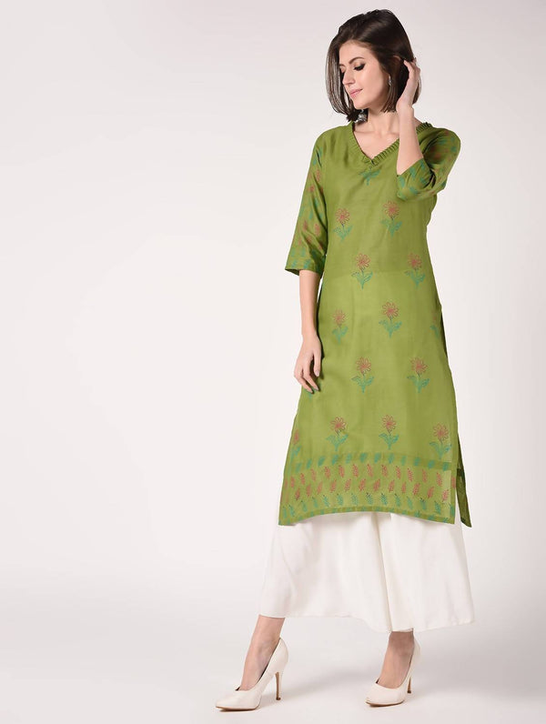 Women's Olive Green Hand Block Print Straight Kurta Only - Cheera