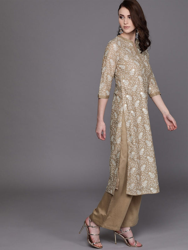 Women's  Beige & White Printed Kurta with Palazzos - AKS