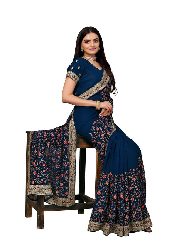 Women's Dark Blue Poly Georgette Embroidered Saree With Blouse - Odette