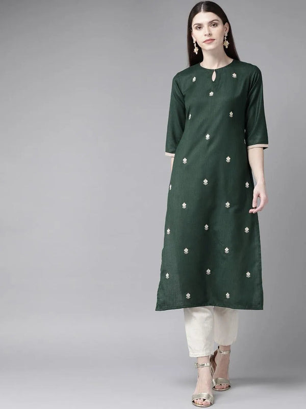 Dark Green Embroidered Cotton Kurta - Jashvi