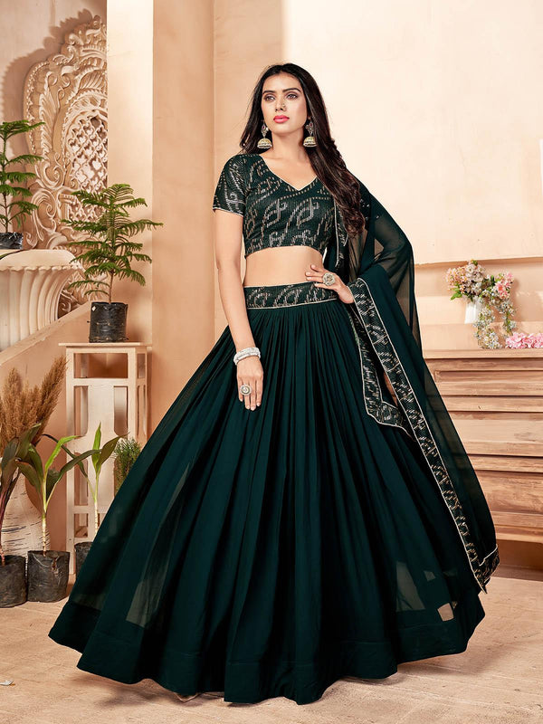 Women's Dark Green Faux Georgette Lehenga Set - Odette