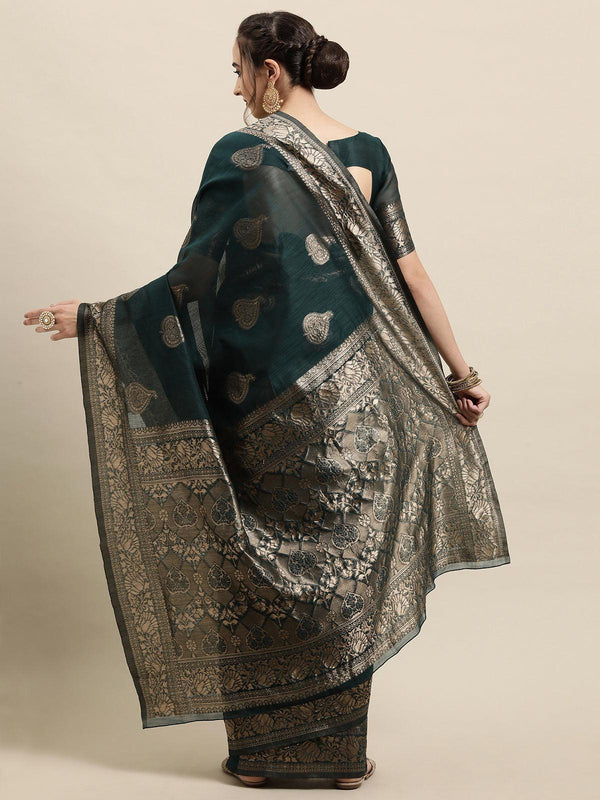 Women's Dark Green Festive Linen Woven Design Saree With Unstitched Blouse - Odette