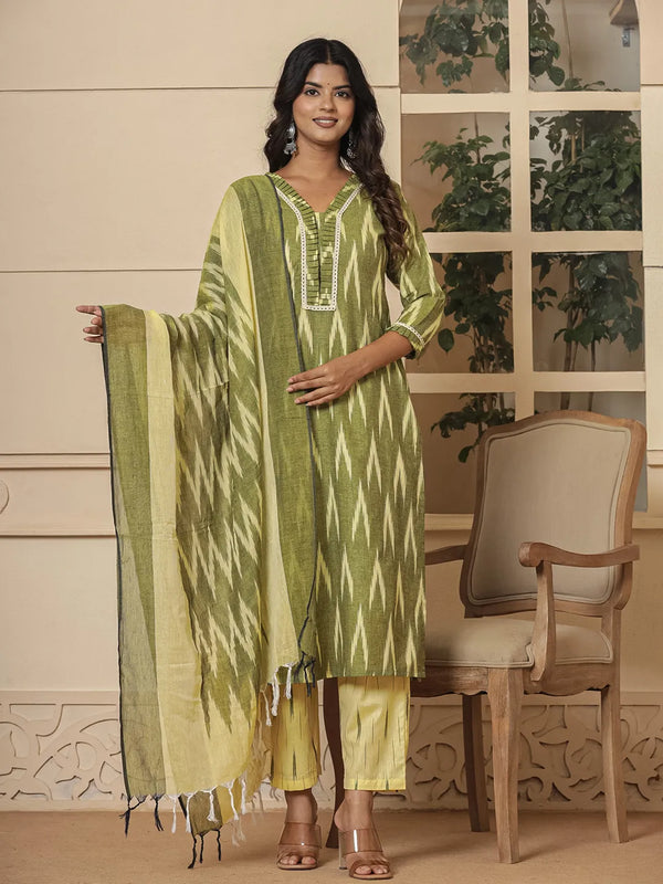 Dark Green Ikat Print Straight Strappy Kurta Trouser And Dupatta Set