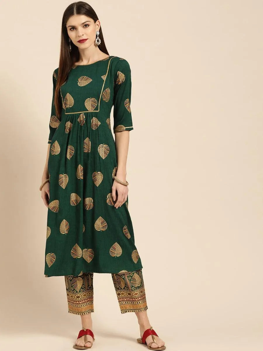 Dark Green Printed Rayon Kurta Set - Jashvi